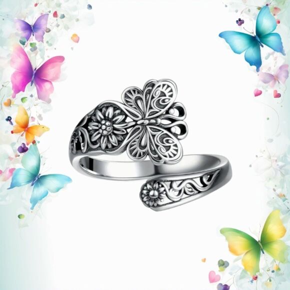 Silver BUTTERFLY Wrap Spoon Ring Adjustable - Picture 1 of 4